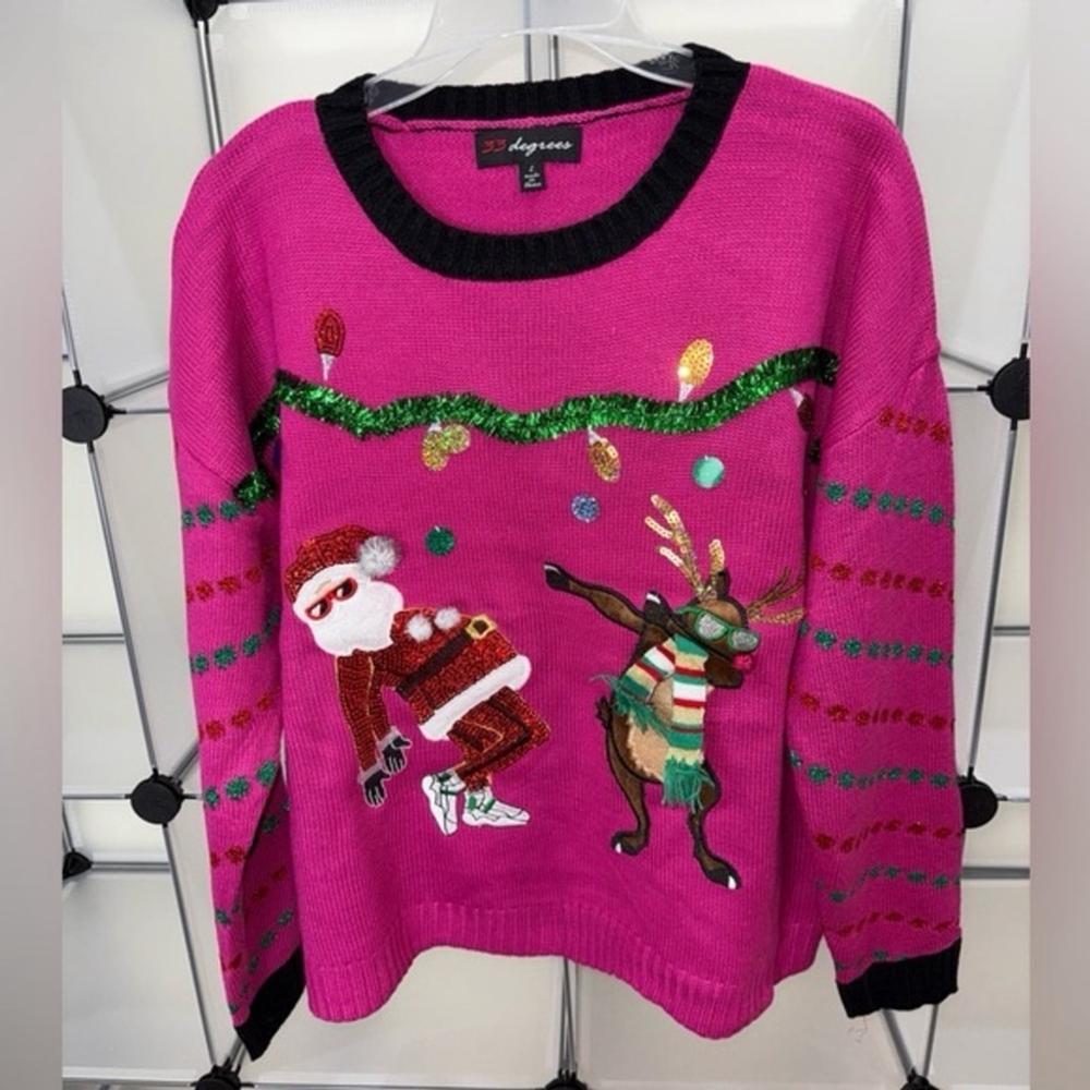 33 Degrees Women's Dancing Santa and Reindeer Ugly Christmas Sweater Pink L NWT - Picture 6 of 10